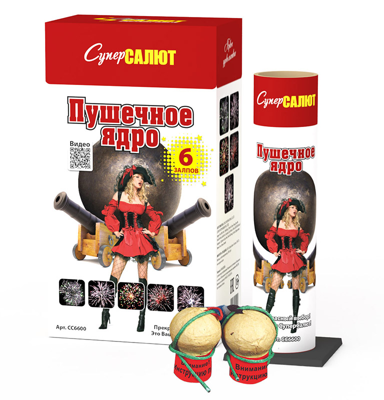 Фестивальные шары Пушечное ядро (мортира+6шт) (2"х6) 12/6